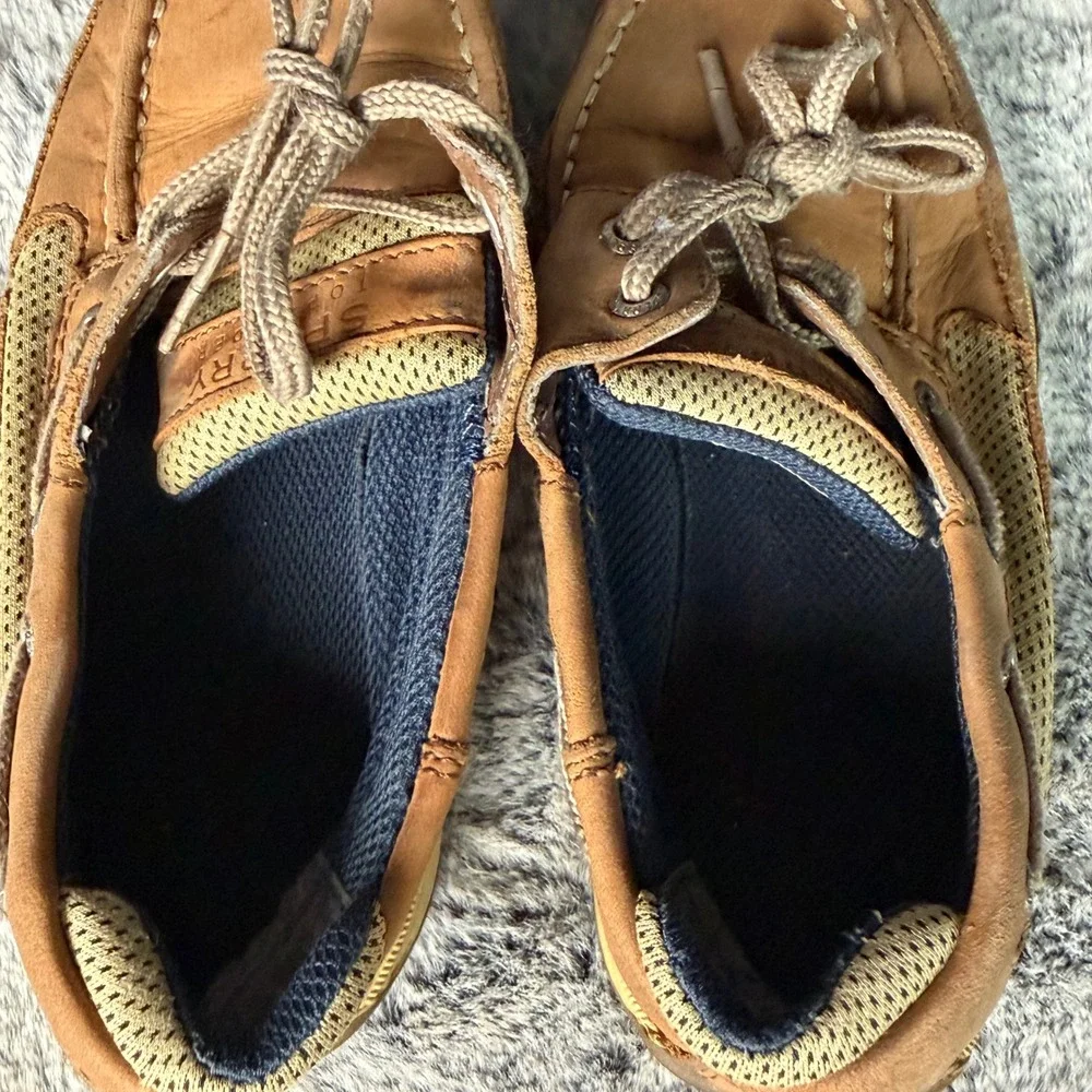Sperry Lanyard Boat Shoes Boys 13M Tan Leather Mesh Moc Toe Loafers YB46122A